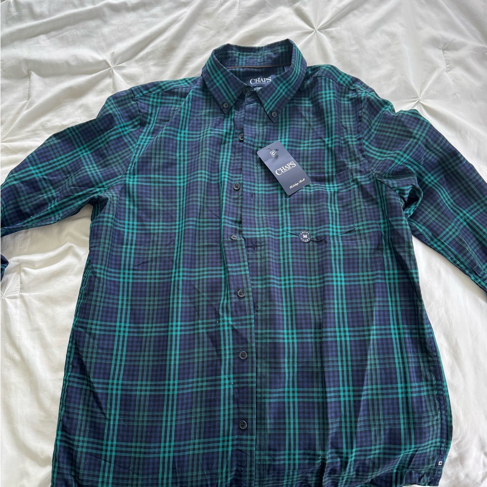 Chaps Men's Blue and Green Plaid Button Down Shirt